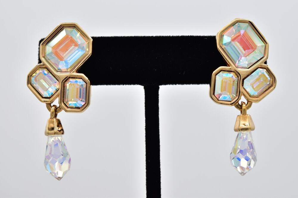 Vintage Swarovski AB Crystal Baguette Rhinestone Teardrop Dangle Earrings BinAZ